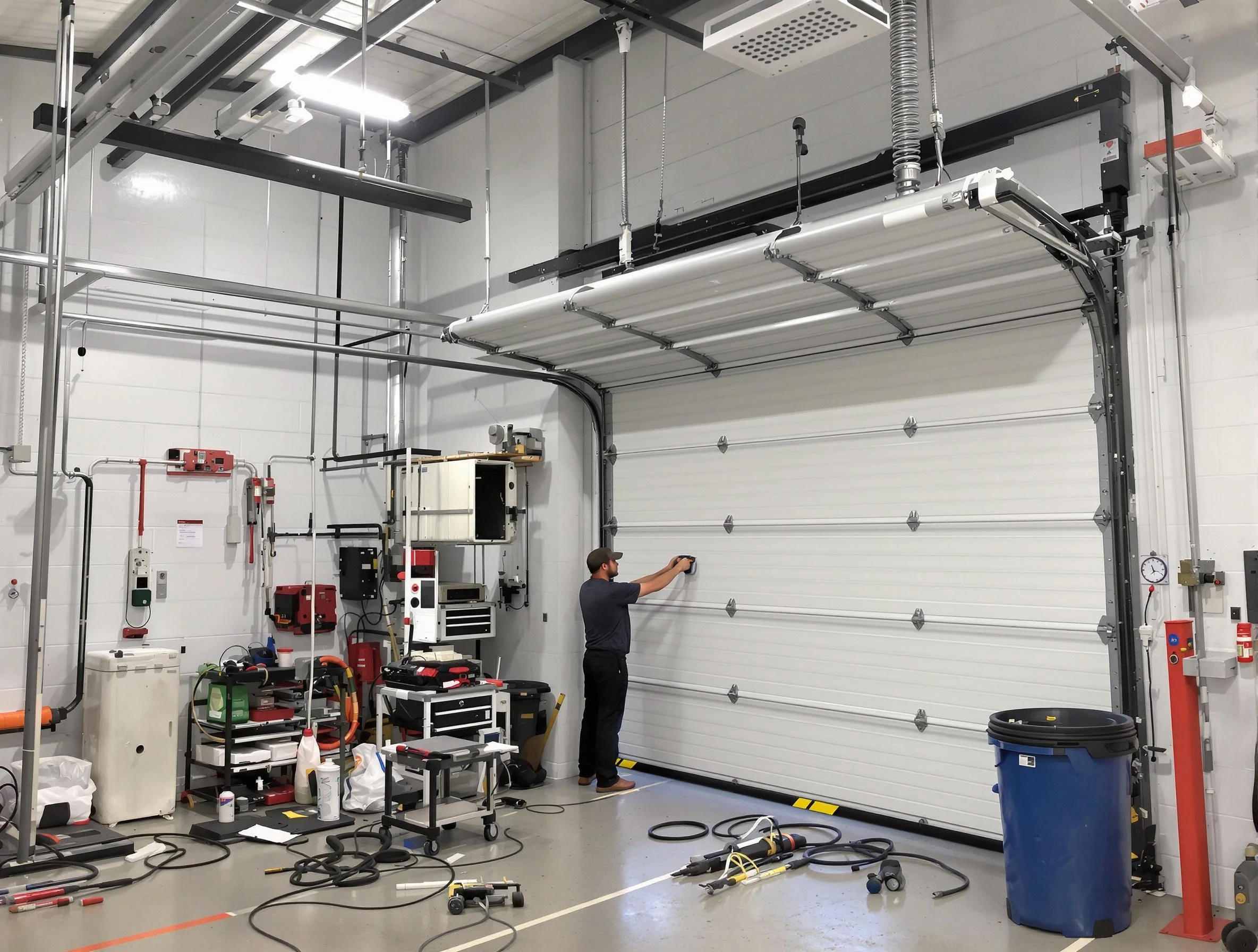 Peachtree City Garage Door Repair certified technician performing commercial door repair at a Peachtree City business facility